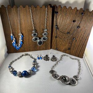Set Of Silver-Tone & Blue Fashion Jewelry With Necklaces & Earrings For Women